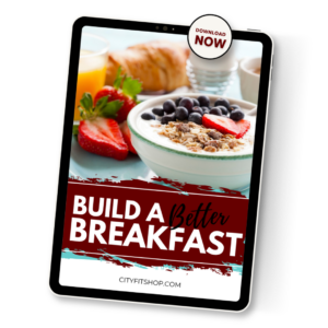 Free healthy breakfast guide showing high-protein breakfast ideas with fruit, oats, and balanced nutrition for busy people