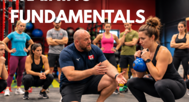 Coach teaching kettlebell squat technique during City Fit’s Youth Strength Training Fundamentals course for coaches in Edmonton.