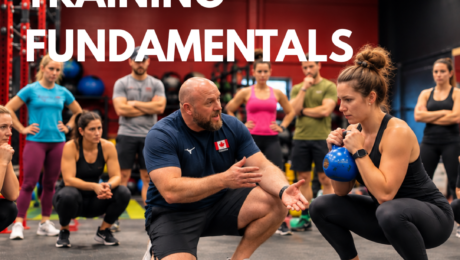 Coach teaching kettlebell squat technique during City Fit’s Youth Strength Training Fundamentals course for coaches in Edmonton.