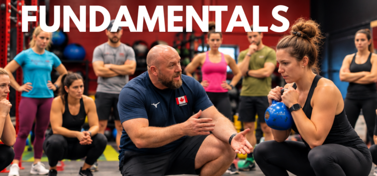Coach teaching kettlebell squat technique during City Fit’s Youth Strength Training Fundamentals course for coaches in Edmonton.