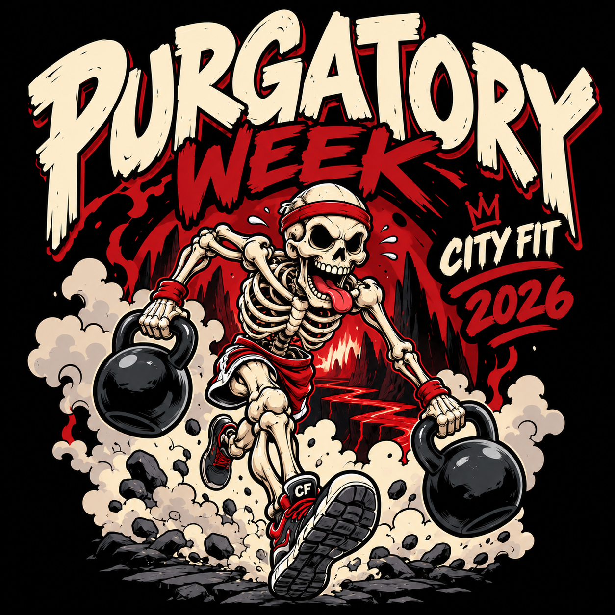 Purgatory Week 2026 City Fit t-shirt design of a cartoon skeleton running with two kettlebells through a fiery red cave