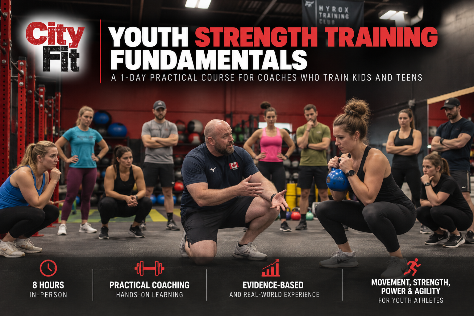 Coach teaching kettlebell squat technique during City Fit’s Youth Strength Training Fundamentals course for coaches in Edmonton.